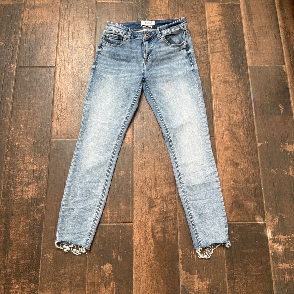 Pistola Mid-Rise Light Wash Crop Jeans with Raw Hem | Size 27
